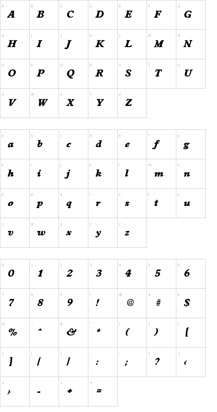 Character Map Worcester-Serial-Heavy-RegularItalic Font