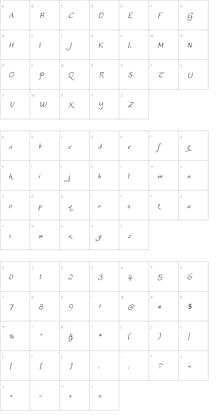 Character Map WorstveldSlingExtra2Oblique Font