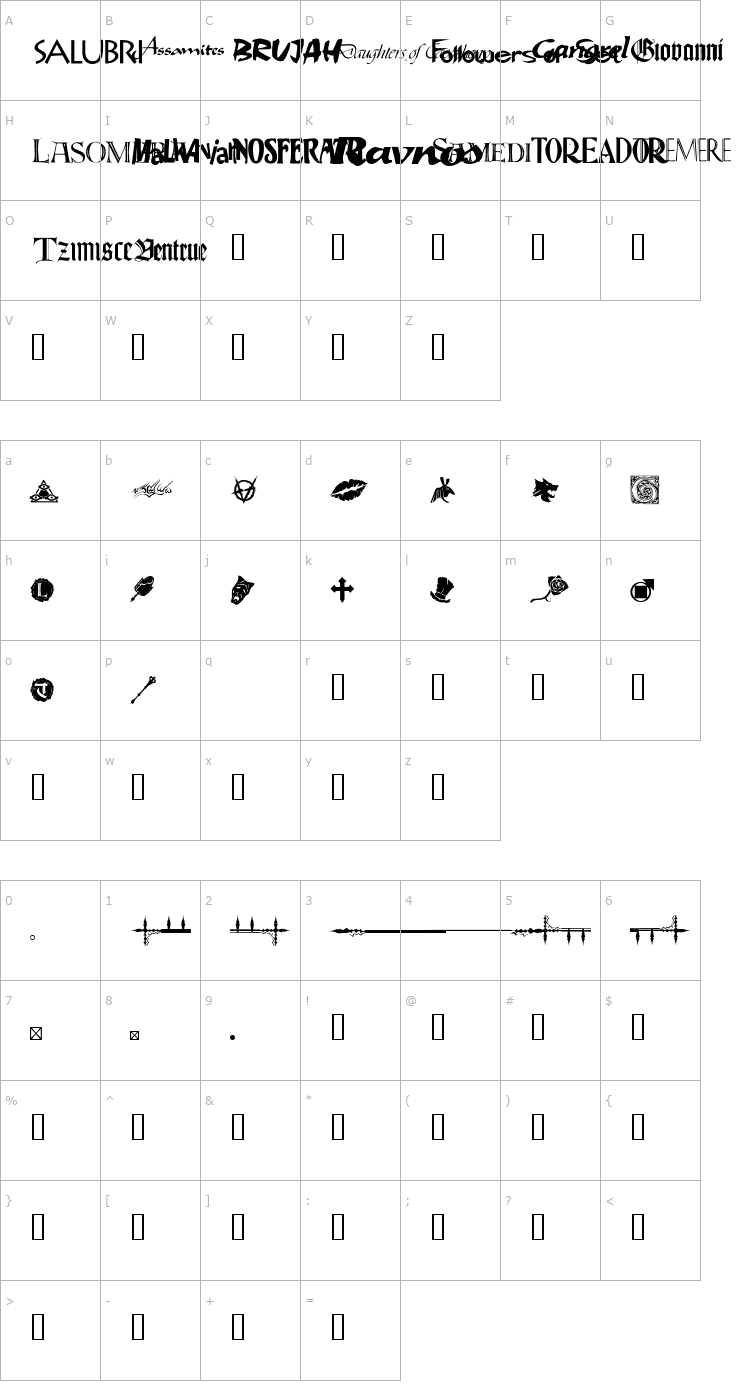 Character Map WWVampire Dingbats Font