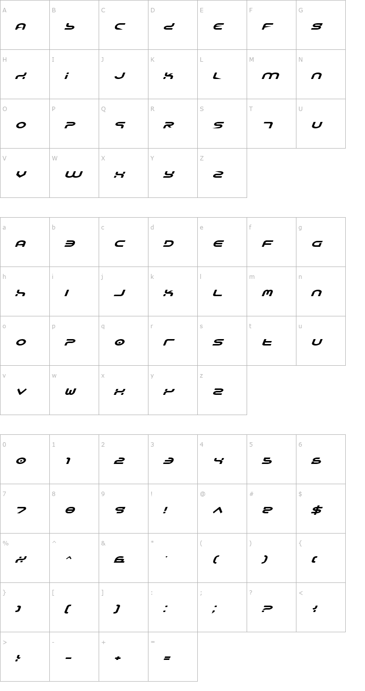 Character Map Yukon Tech Expanded Italic Font