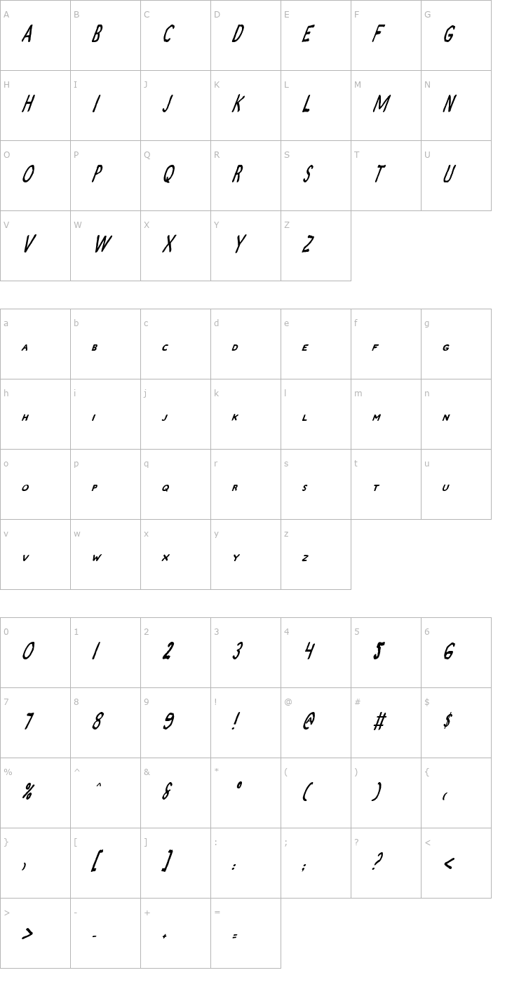 Character Map Zamboni Joe Italic Font