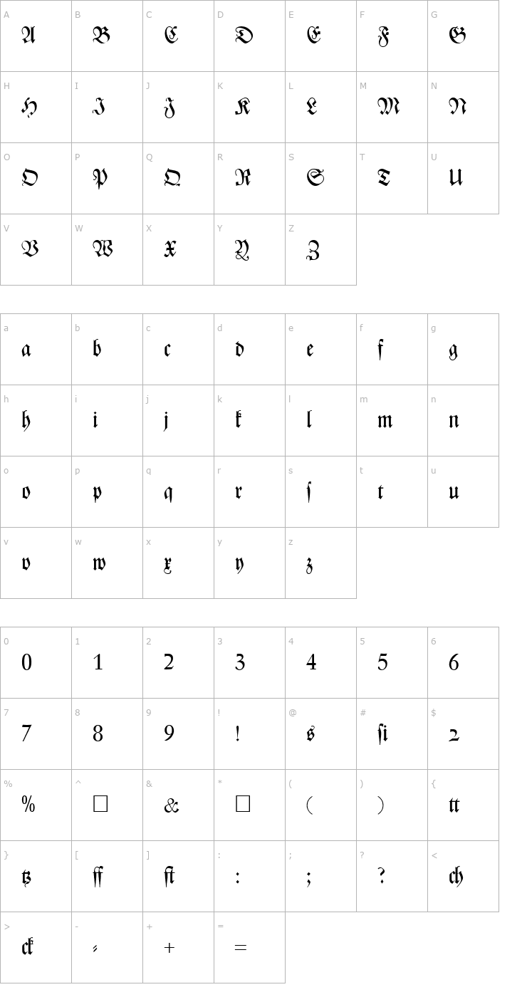 Character Map ZenithFraktur-Regular Font