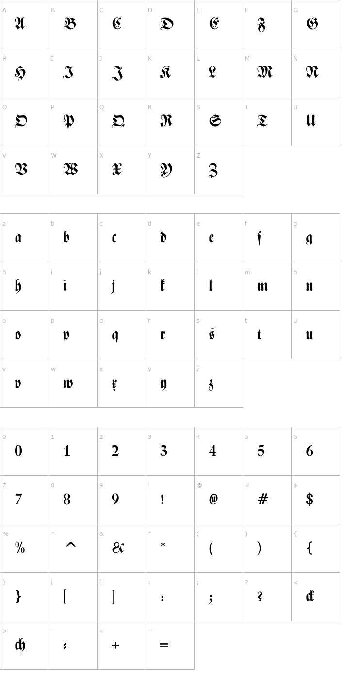 Character Map Zentenar Fraktur Bold Font