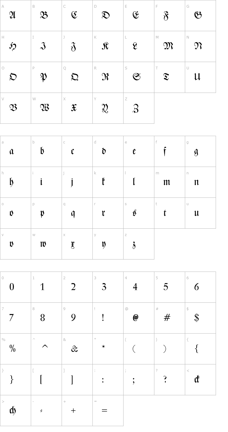 Character Map Zentenar Fraktur OTF Font