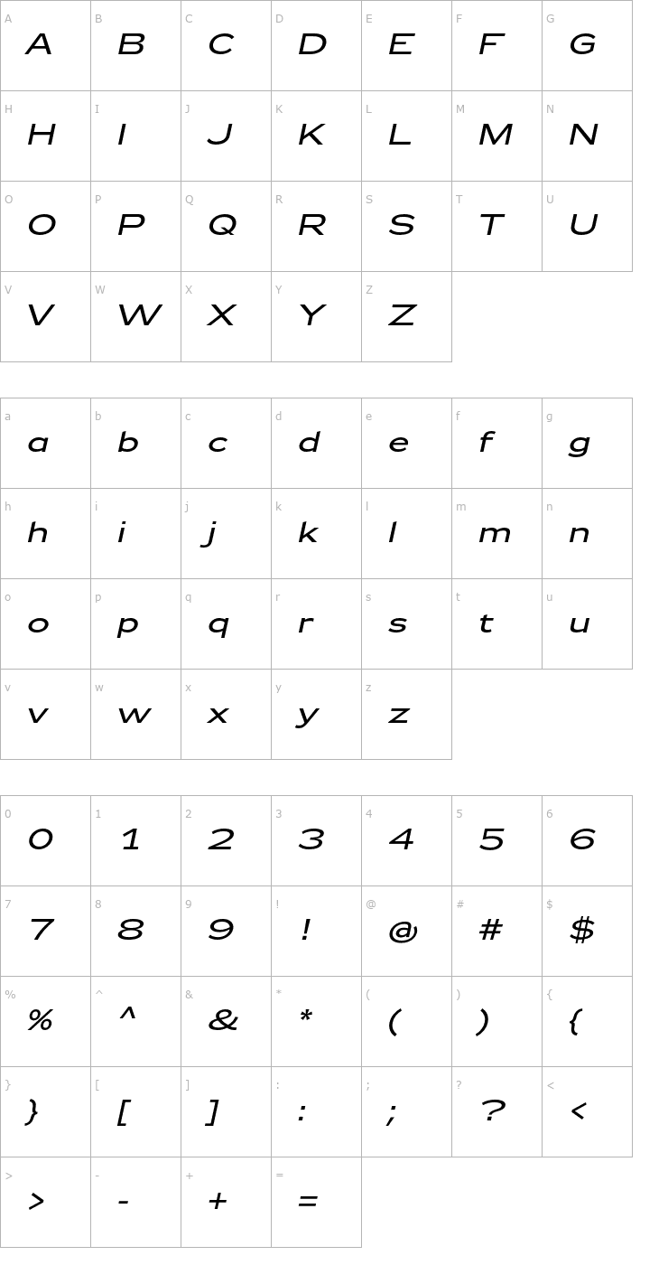 Character Map Zeppelin 42 Italic Font