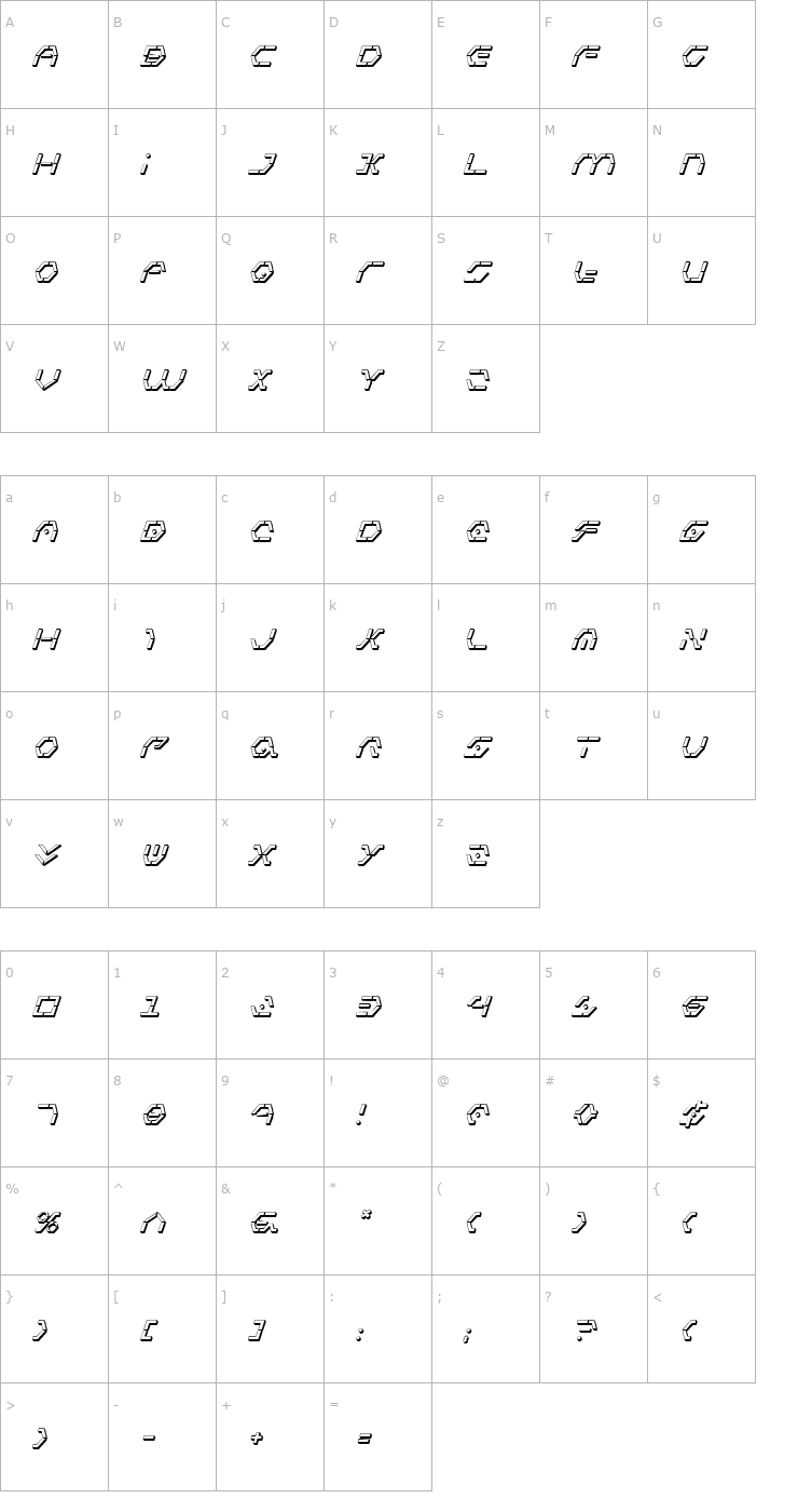 Character Map Zeta Sentry 3D Italic Font