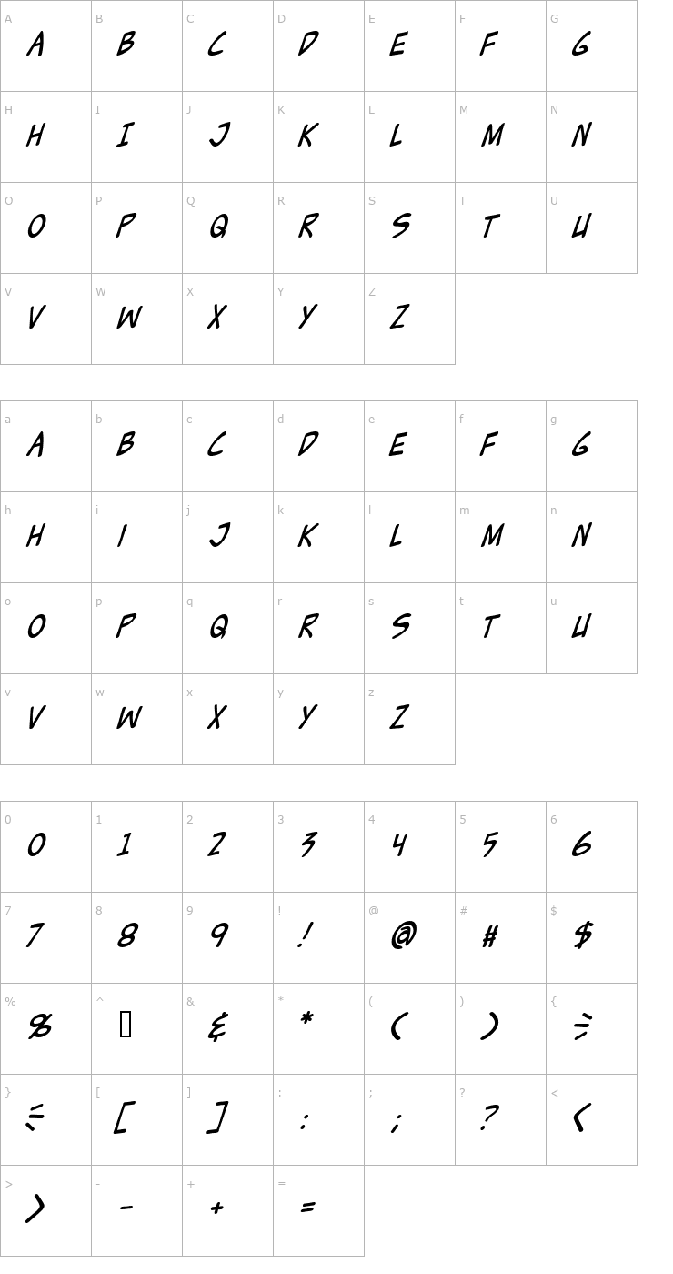 Character Map Zud Juice Italic Font