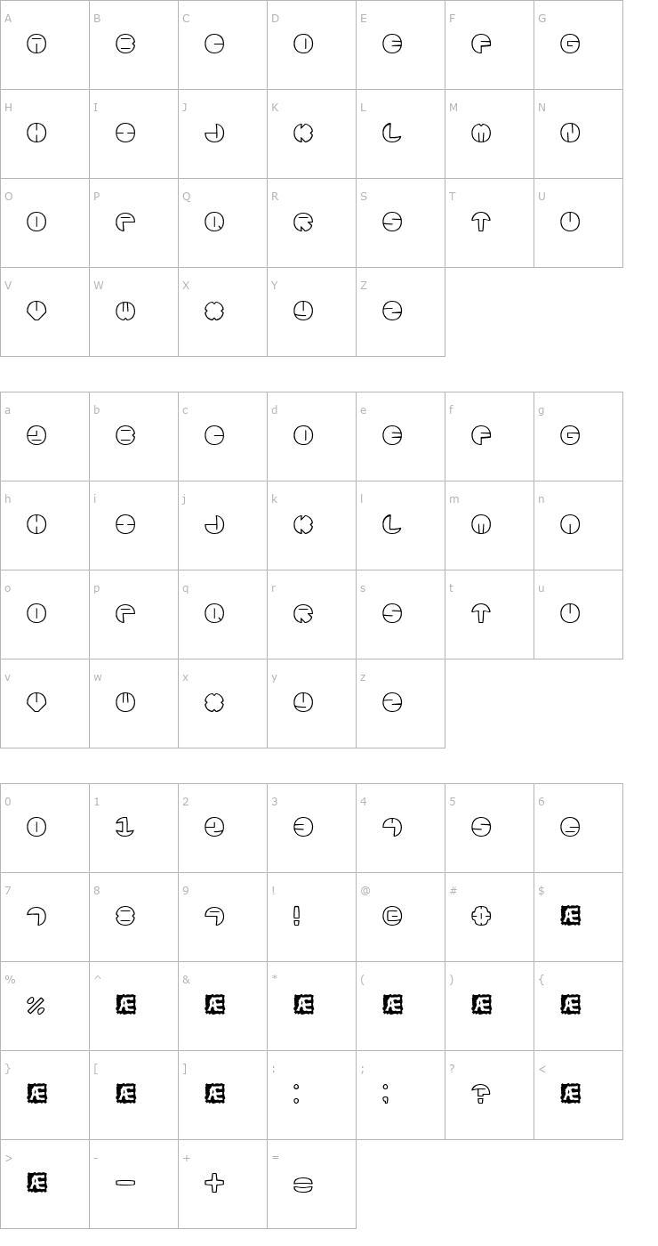 Character Map Zurklez Outline (BRK) Font