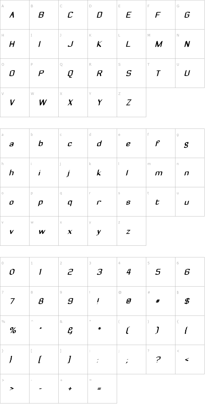 Character Map ZyphyteOblique Font